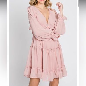 Pink Chiffon Ruffle Tiered Open Back Dress